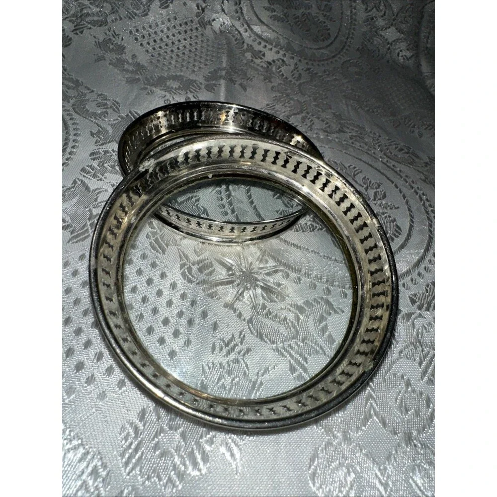 VINTAGE COASTERS WITH PIERCED METAL GALLERY & STAR-CUT GLASS BOTTOM SET OF 2